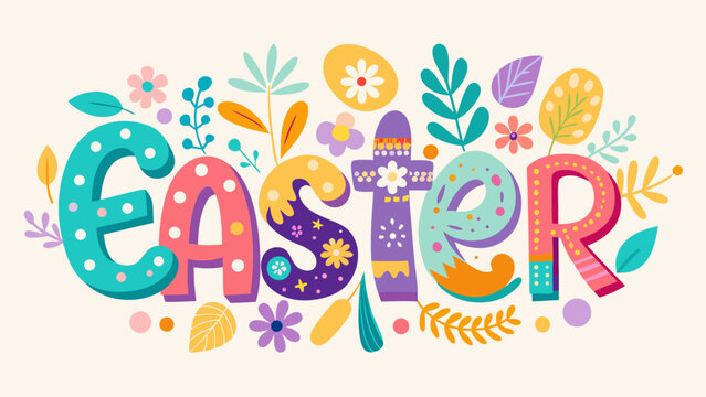 Colorful easter lettering with floral decorations and easter egg accents on a light background - Powered by Adobe