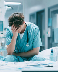Stressed doctor overwhelmed by fatigue and burnout in a dimly lit hospital room