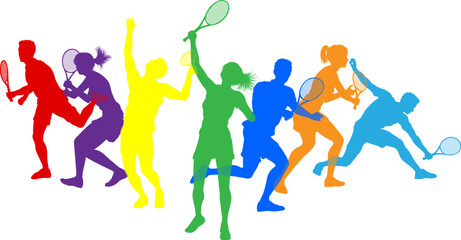 Silhouette Tennis players set. Active sports people healthy players fitness silhouettes concept.