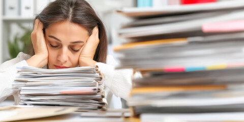 Exhausted woman grappling with stress in cluttered workspace surrounded by documents