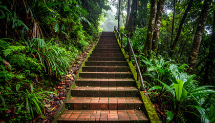 Obraz premium Jungle Staircase with Misty Trail Ascent.