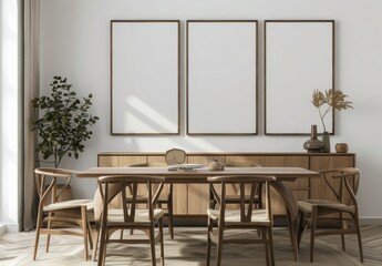 Minimalist dining room with a wooden table and chairs. three empty frames on the wall. and a plant in the corner