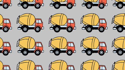 Naklejka premium Seamless pattern of orange cement mixer trucks with yellow drums on a gray background design element