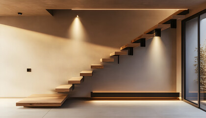Fototapeta premium Simple floating staircase with wooden steps, black metal railings, and recessed lighting for effect.