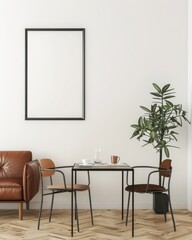Minimalist living room interior with a brown leather sofa. two chairs. a coffee table. a houseplant. and a black framed picture