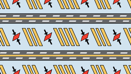 Repeating pattern of roads with dashed lines, yellow stripes, and red diamonds with arrows pointing in