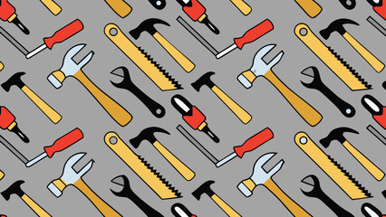 Naklejka premium Seamless pattern featuring hand tools like hammers saws screwdrivers and wrenches on a gray background