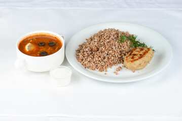 lunch borscht with buckwheat and cutlet