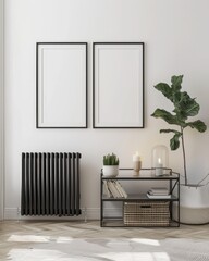 Minimalist living room interior with black radiator. two blank frames. a side table. plants. and a candle