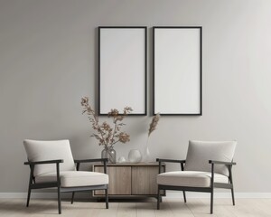 Two armchairs with a cabinet and two empty picture frames in a minimalist living room