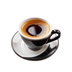 Espresso in a dark cup on a white saucer.  A rich, dark espresso, with visible crema, sits in a small, dark-colored cup, resting on a white saucer with a dark trim