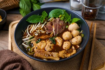 Thai noodle with sliced pork,meatball ,Thai morning glory ,bean sprouts,and blood soup