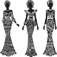 Artboard of three African female silhouettes in modern traditional gowns, each with bold chevron, stripe, and curve patterns, black and white vector illustration, minimal style.