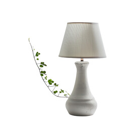 A cream-colored table lamp with a tapered base and a light beige shade. A trailing vine-like plant element curves around the lamp