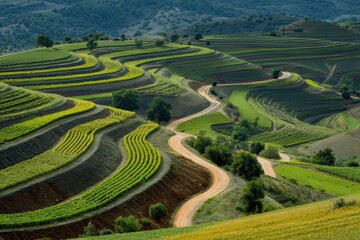 Fototapeta premium Arched vineyard lines in La Rioja Spain create complex farming designs across the terrain