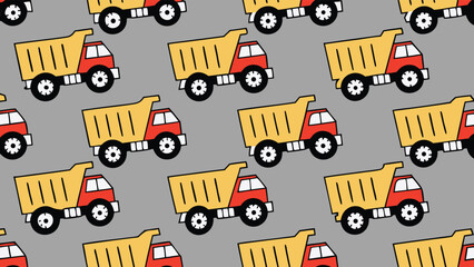 Illustration featuring a repeating pattern of yellow and red dump trucks on a gray background
