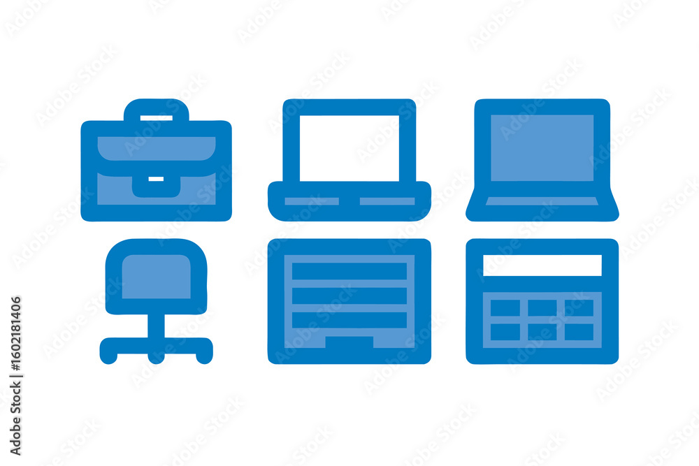 Aufkleber blue office icon set featuring a briefcase chair desktop computer server laptop and calculator on a 