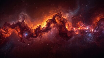 Naklejka premium Fiery cosmic nebula with glowing interstellar gas and distant stars space