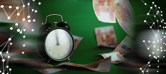 Concept of Money and business idea. Retro keys on ropes in hand. Flying banknotes.