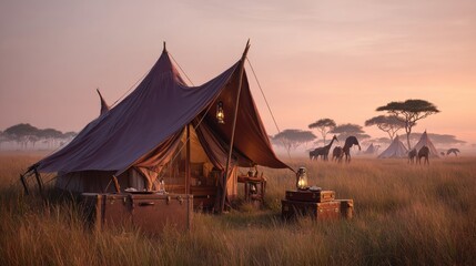 A luxurious safari tent sits in a misty African savanna at sunrise, with giraffes visible in the background.  Antique-style luggage and lanterns add to the atmosphere of adventure and exploration