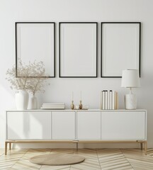 Modern living room interior with white console table. three black frames. vase with dried flowers. lamp. books. and a round rug