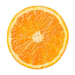 Close-up, top-down view of a juicy orange slice, displaying segments and pith.  Bright orange flesh, with a slightly lighter center.  Defined segments radiate outward