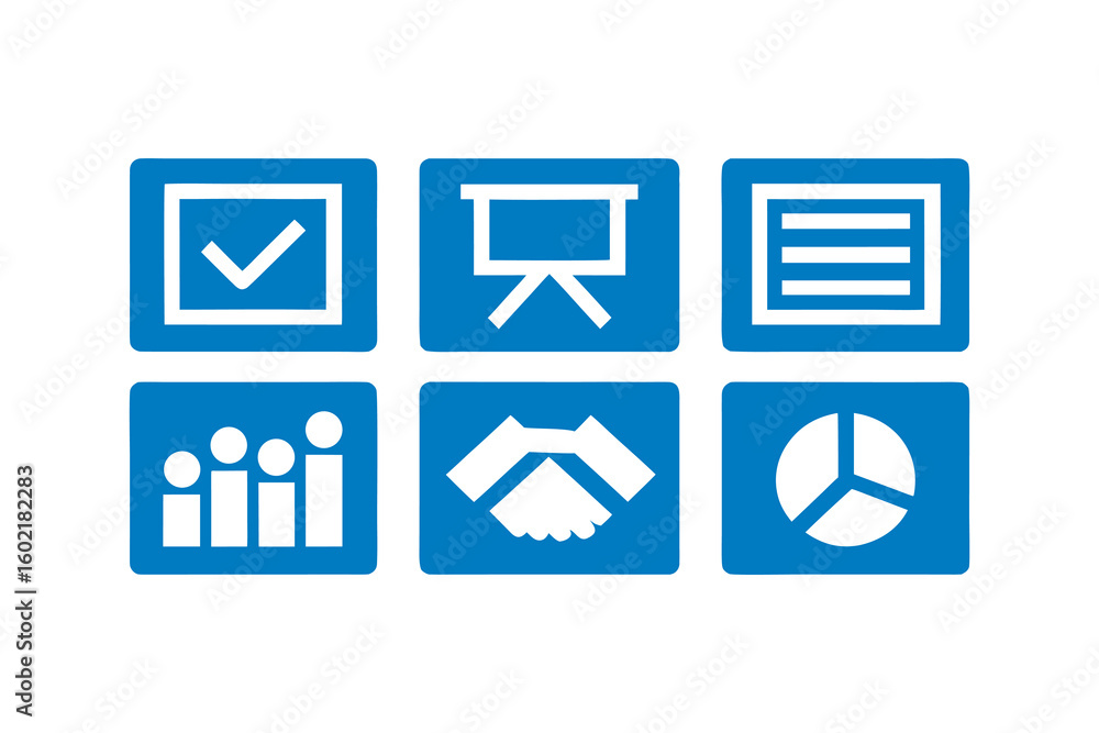 Poster business and finance icon set in blue squares featuring checkmark presentation list graph handshake 