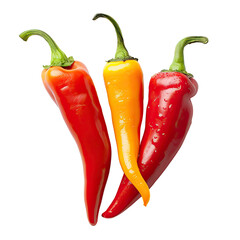 Three colorful chili peppers arranged in a slightly overlapping V shape against a black background.  Bright red, vibrant yellow, and red peppers.  Sharp focus on the peppers' details