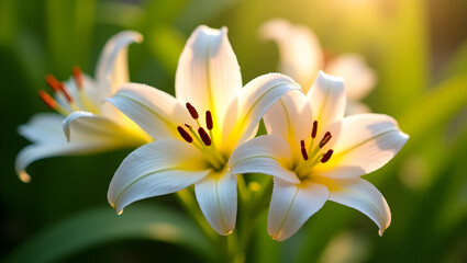 Fototapeta premium White lily flower pair close up with garden bokeh background and natural green leaves photography