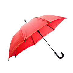 A vibrant red umbrella, open and angled, against a black background