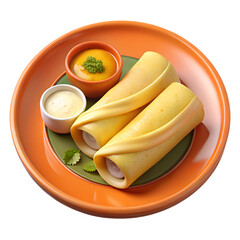 Two elegantly rolled crepes served with dipping sauces on a vibrant orange plate isolated on transparent background