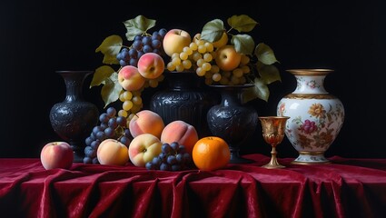 Luxurious still life arrangement of ripe fruits and ornate vases on a richly draped table
