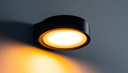 A small, round, black light fixture with a warm, white light emitting from the center