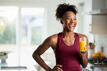 Healthy lifestyle woman drinking orange juice after workout at home fitness concept