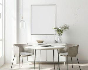 Fototapeta premium Minimalist dining room with a white table. two chairs. and a large framed poster The room has white walls and a large window