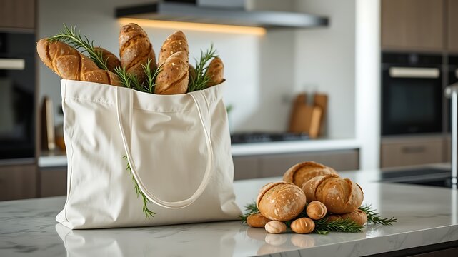 Photo of artisan baguettes and rolls in a canvas bag with rosemary on a kitchen counter