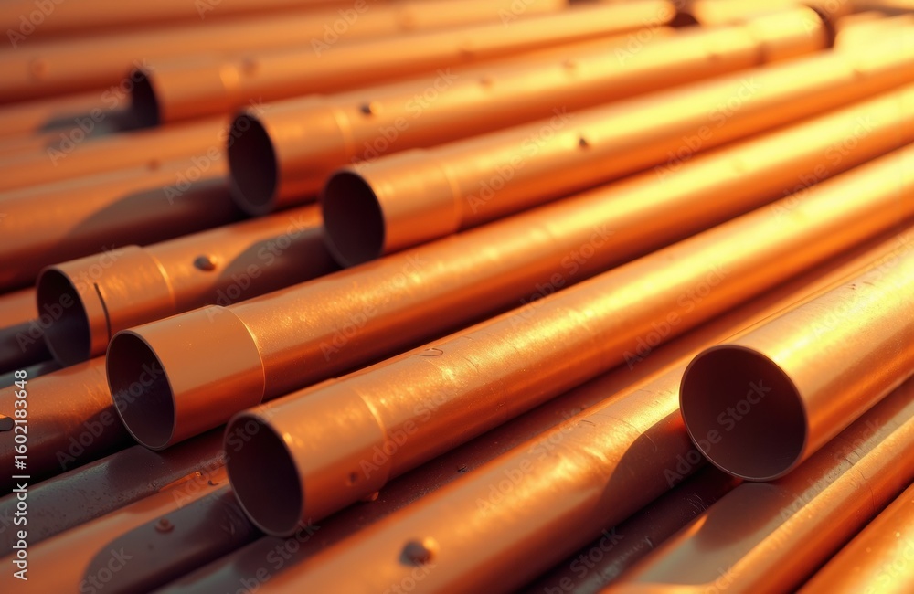 Aufkleber copper pipes arranged in parallel with warm lighting creating reflections and shadows