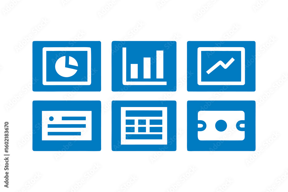 Poster collection of business and finance icons in blue and white representing data analysis reports accoun