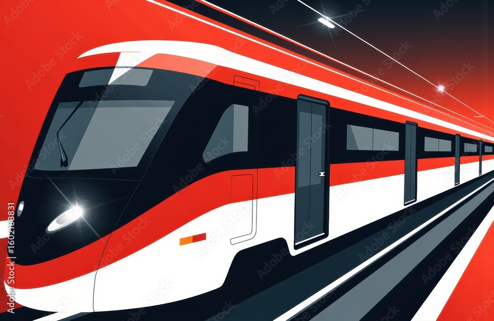 Poster high-speed train moving along modern railway tracks with sleek design and dynamic motion