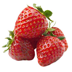 Close-up of three fresh strawberries.  Bright red,  juicy berries with visible seeds and green leafy tops.  Isolated against black background