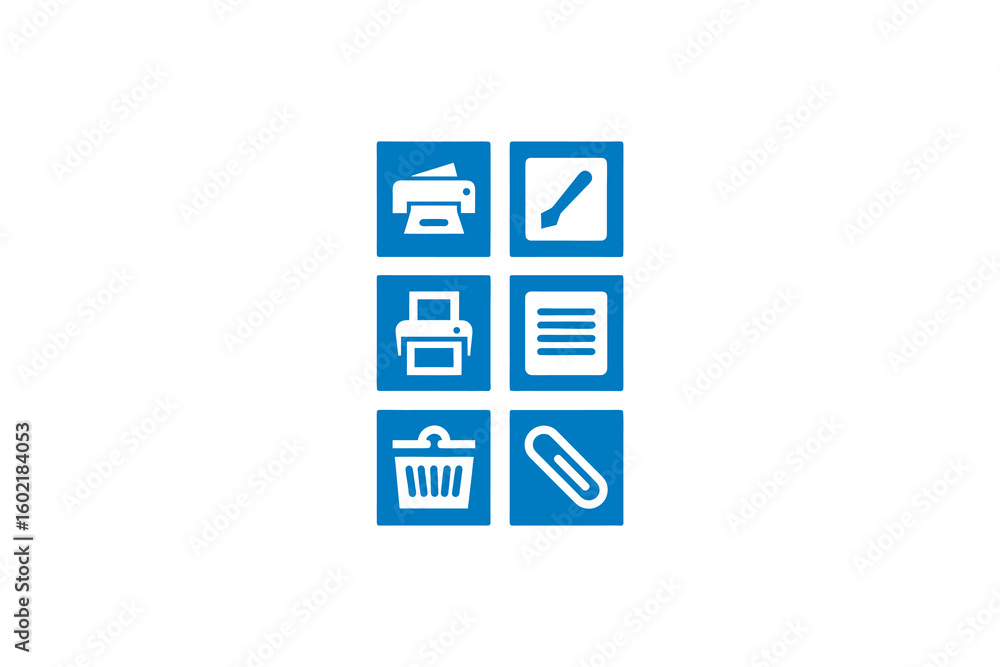 Aufkleber office and business icon set in blue squares with white symbols representing printing editing docume