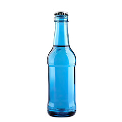 A vibrant, glossy, light-blue glass bottle