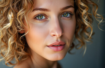 Woman with curly blonde hair and blue eyes looking directly at the camera