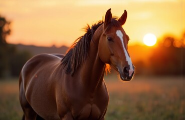 Obraz premium A brown horse standing in a field during sunset with warm golden light illuminating its coat