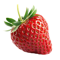 Close-up of a vibrant, fresh strawberry.  Ripe, red fruit with visible seeds.  Green leaves attached.  Isolated on black