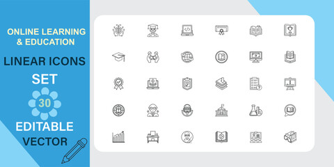 Thirty editable vector linear icons for online learning and education. Includes laptop, books, graduation cap, and more. 