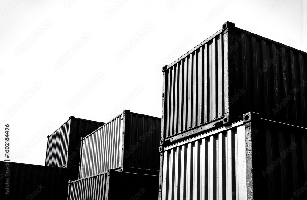Aufkleber containers stacked in a modern industrial setting with a monochrome color scheme