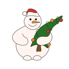 Silly Snowman isolated transparent background. Vector illustration of simple Snowman with christmas tree. Perfect kids nursery art. Ideal winter xmas holiday poster card cover design. EPS 10