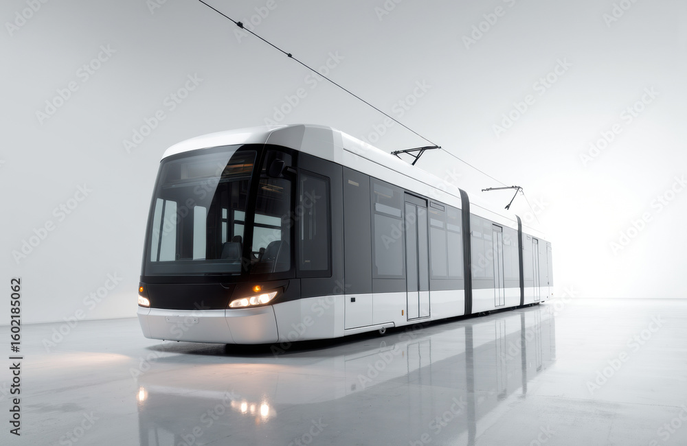 Poster a modern tram moving through a minimalistic, clean environment with a sleek design and smooth surfac