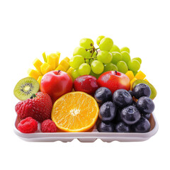 A colorful assortment of fresh fruits in a shallow rectangular dish.  A mix of  mango, kiwi, apples, grapes, oranges, blueberries, raspberries, and strawberries are artfully arranged